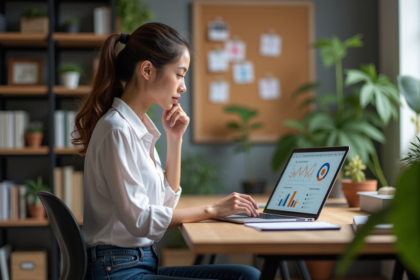 Jeune femme analysant des données SEO sur son ordinateur