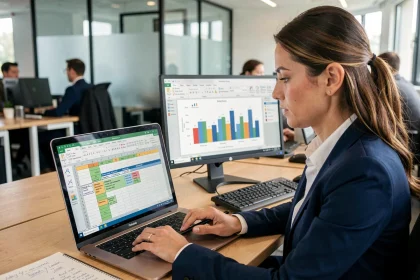Femme professionnelle utilisant Excel avec la fonction SOMMEPROD pour calculer une moyenne pondérée automatique dans un bureau moderne