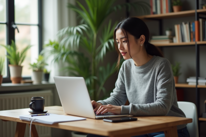 Jeune femme au bureau à domicile travaillant sur son ordinateur