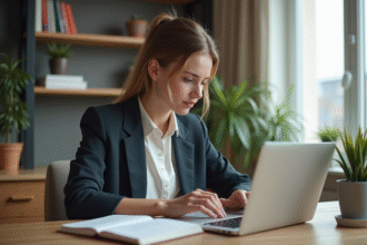 Jeune femme en bureau à domicile travaillant sur son ordinateur
