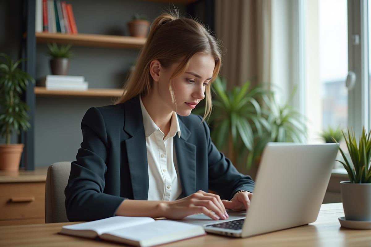 Jeune femme en bureau à domicile travaillant sur son ordinateur