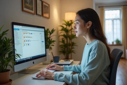 Jeune femme au bureau regardant son écran d'ordinateur
