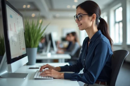 Jeune femme au bureau travaillant sur ordinateur