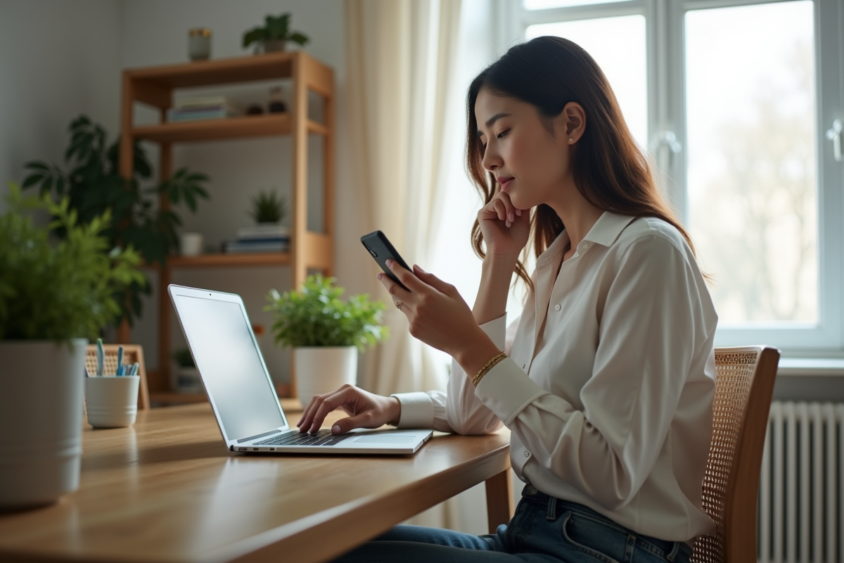 Jeune femme au bureau utilisant son smartphone et son ordinateur