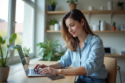 Femme au bureau organisant ses mails dans un espace lumineux