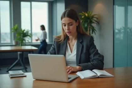 Femme en blazer regardant son ordinateur dans un bureau moderne