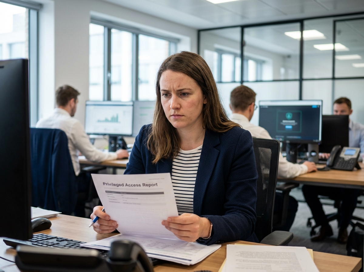 Femme assise au bureau examinant un rapport de sécurité