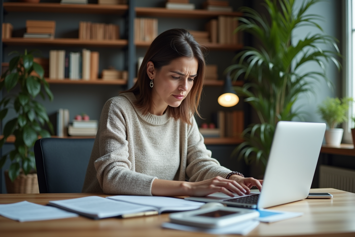 Femme d'âge moyen frustrée devant son ordinateur dans un bureau moderne