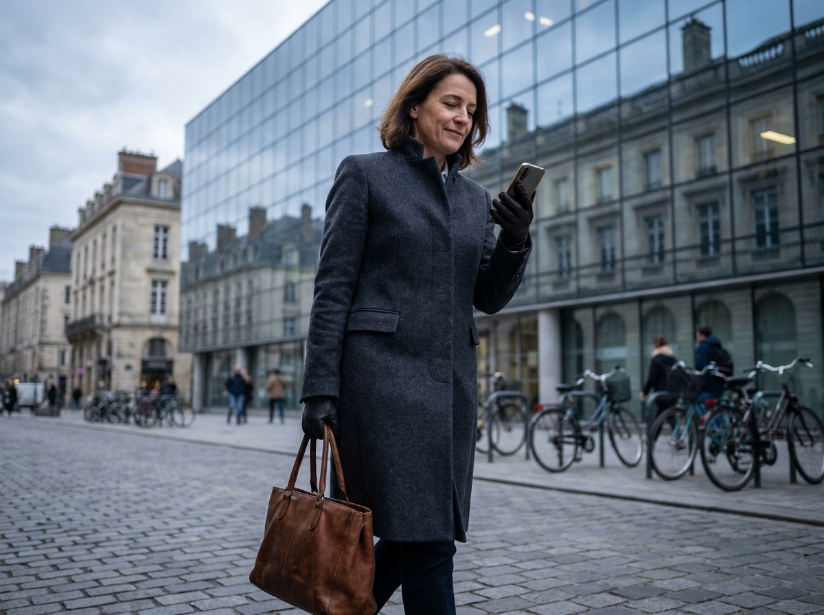 Femme cadre en transition de carrière marchant devant un bâtiment administratif avec son smartphone
