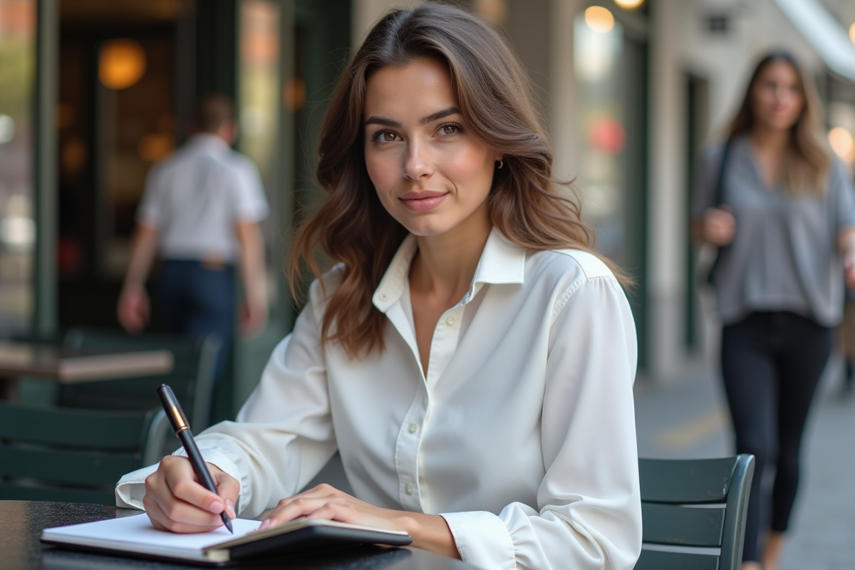 Jeune femme prenant des notes dans un café en ville