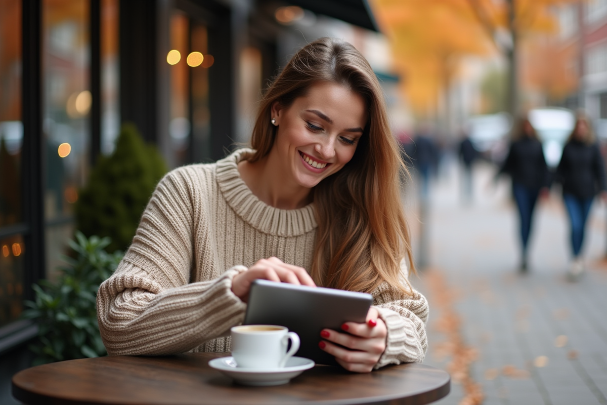 Jeune femme au café avec tablette en automne