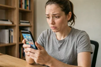 Femme cherchant l'icône corbeille disparue sur l'écran d'accueil de son smartphone Android
