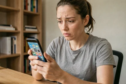 Femme cherchant l'icône corbeille disparue sur l'écran d'accueil de son smartphone Android