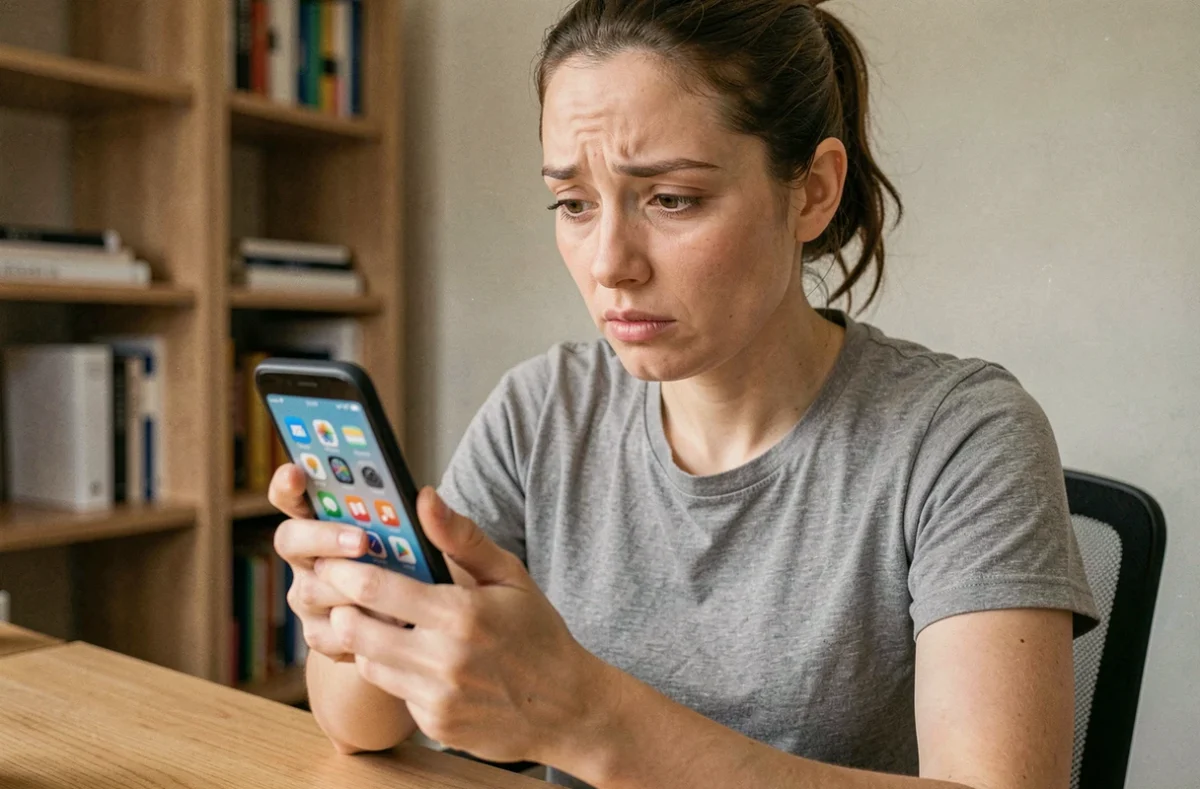 Femme cherchant l'icône corbeille disparue sur l'écran d'accueil de son smartphone Android