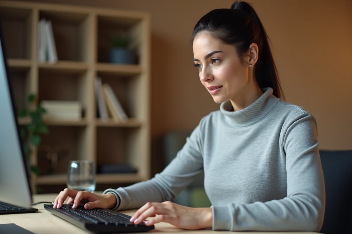 Femme tapant sur un clavier AZERTY pour trouver le signe arobase ou symbole spécial