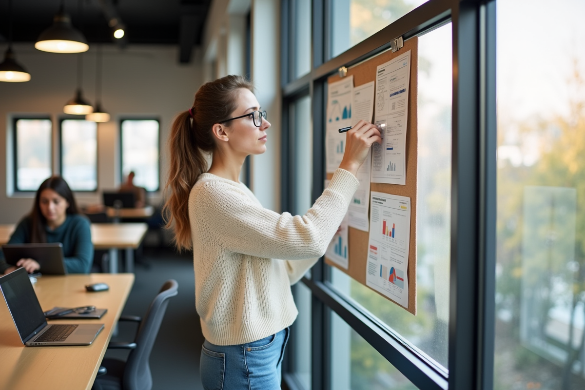 Femme analysant des rapports SEO dans un espace de coworking