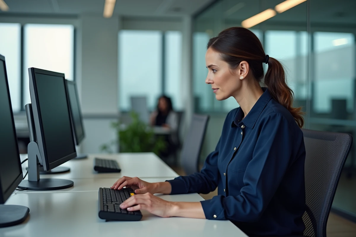 Femme en bureau comparant deux claviers différents posés côte à côte sur un bureau professionnel
