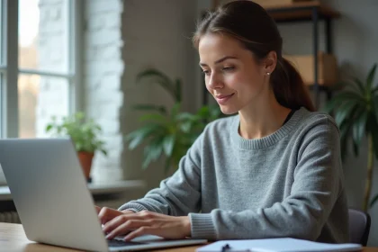 Femme utilisant un compteur de caractères en ligne sur son ordinateur portable pour rédiger des publications sur les réseaux sociaux Twitter Instagram et LinkedIn