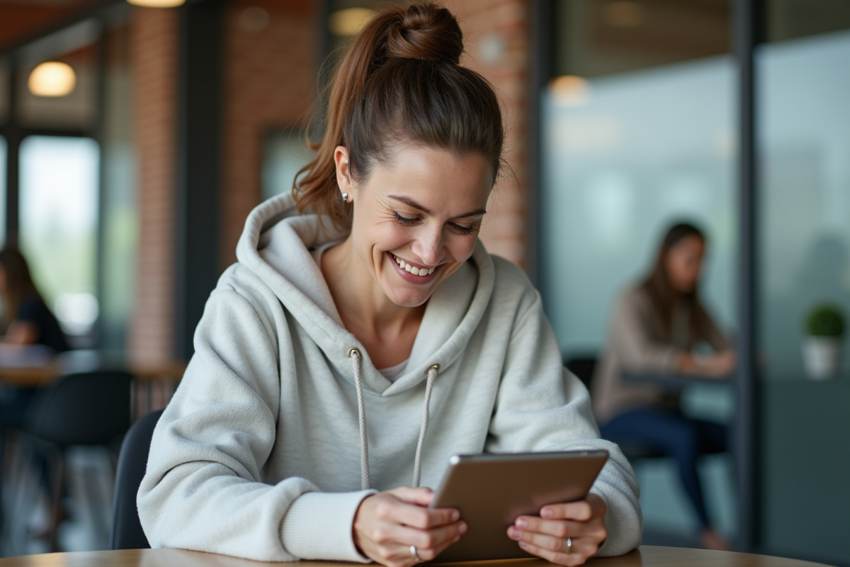 Femme configure un réseau WiFi dans un espace de coworking