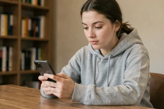Jeune femme consultant son smartphone pour suivre des stories sur les réseaux sociaux