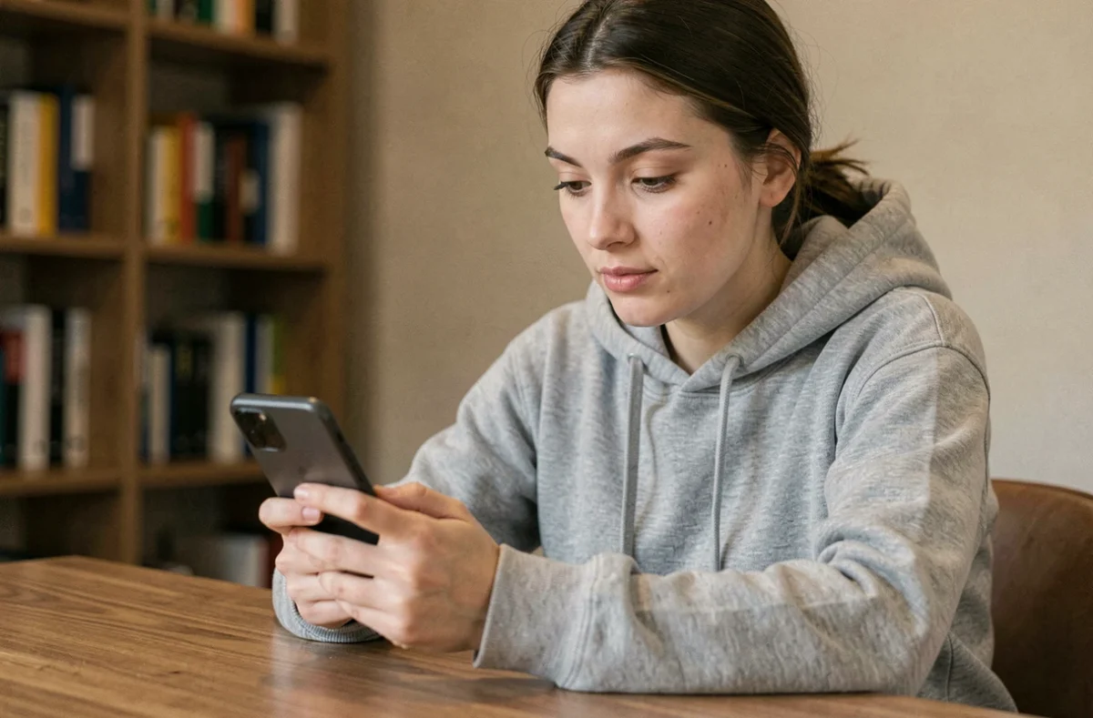 Jeune femme consultant son smartphone pour suivre des stories sur les réseaux sociaux