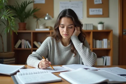 Jeune femme étudiant des inégalités mathématiques avec le signe supérieur ou égal sur des notes manuscrites à son bureau