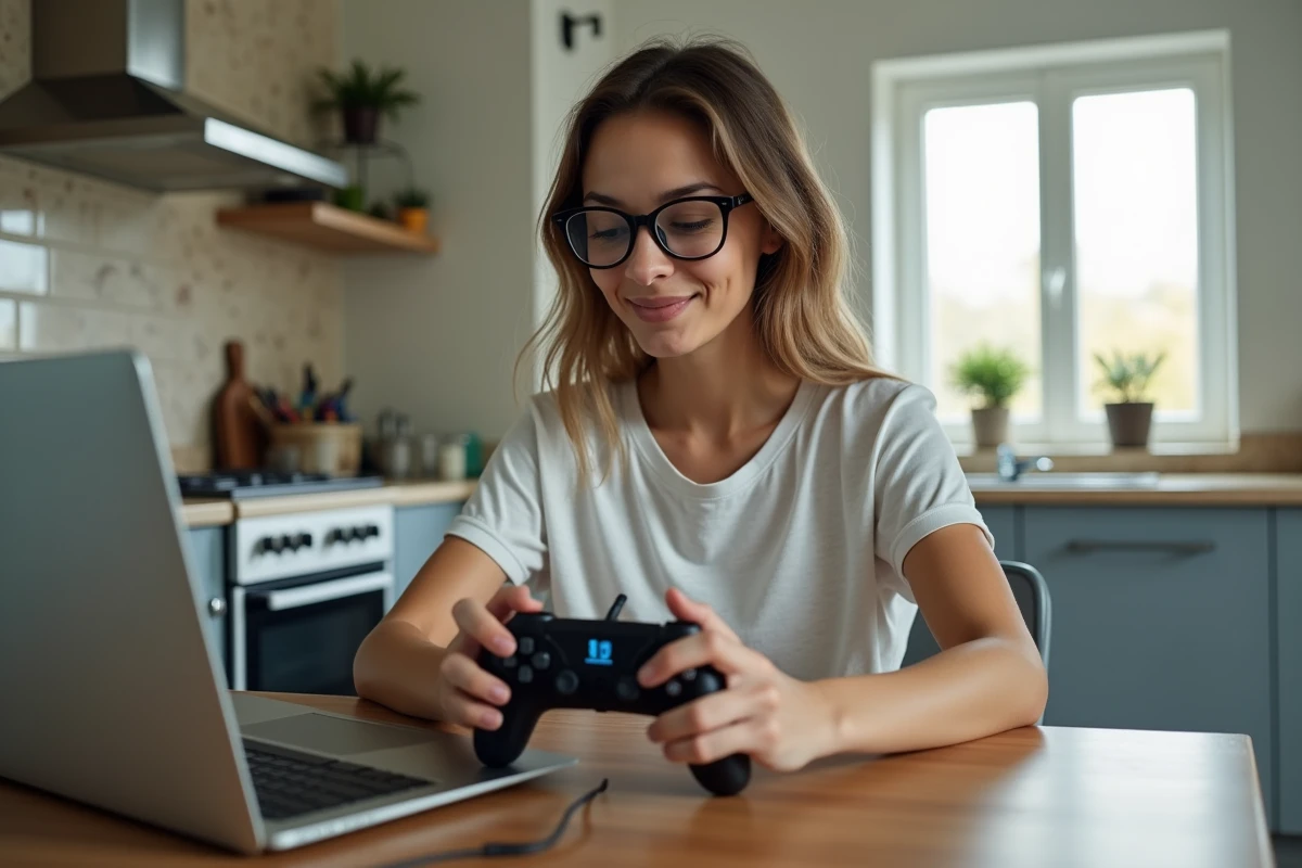 Femme jouant sur ordinateur portable dans la cuisine