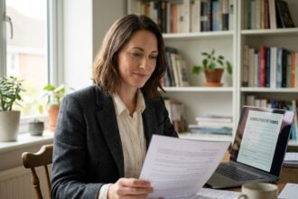 Femme indépendante consultant des documents administratifs sur la protection sociale dans un bureau à domicile