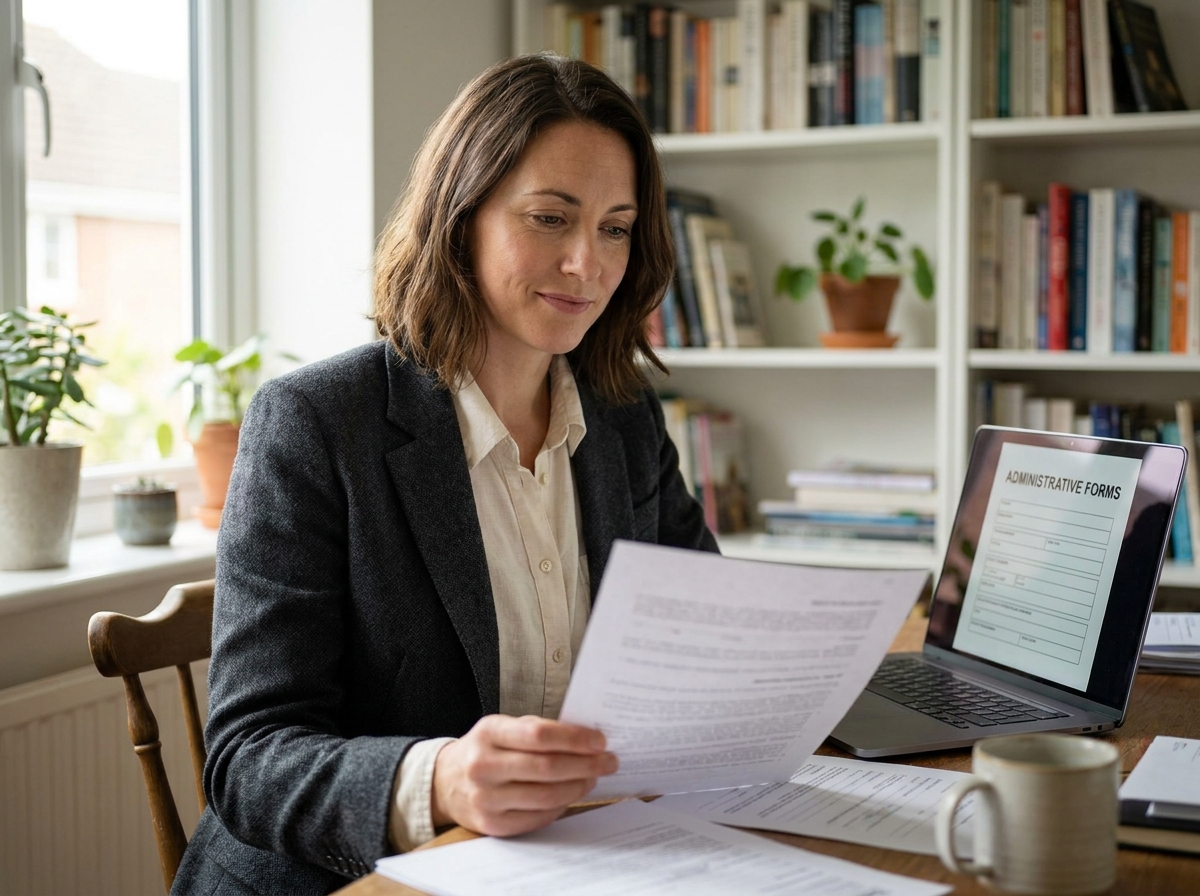 Femme indépendante consultant des documents administratifs sur la protection sociale dans un bureau à domicile