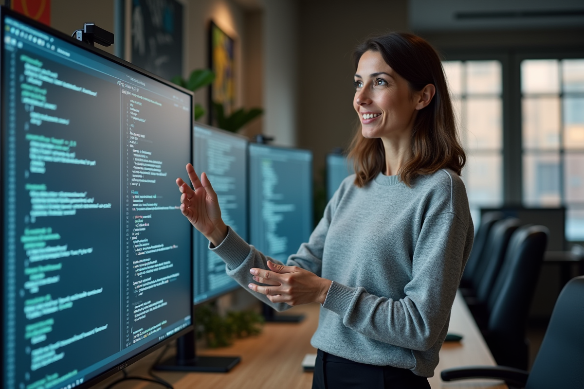 Femme ingénieur logiciel expliquant un code sur un grand écran