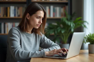 Femme inquiète face à un message d'avertissement sur l'URL masquée dans son navigateur