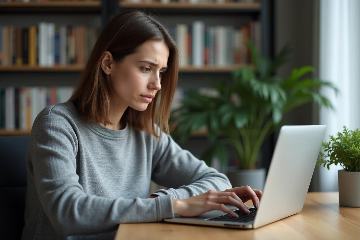 Femme inquiète face à un message d'avertissement sur l'URL masquée dans son navigateur