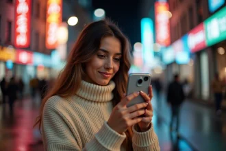 Jeune femme filmant une vidéo TikTok avec un iPhone la nuit en ville, néons colorés en arrière-plan