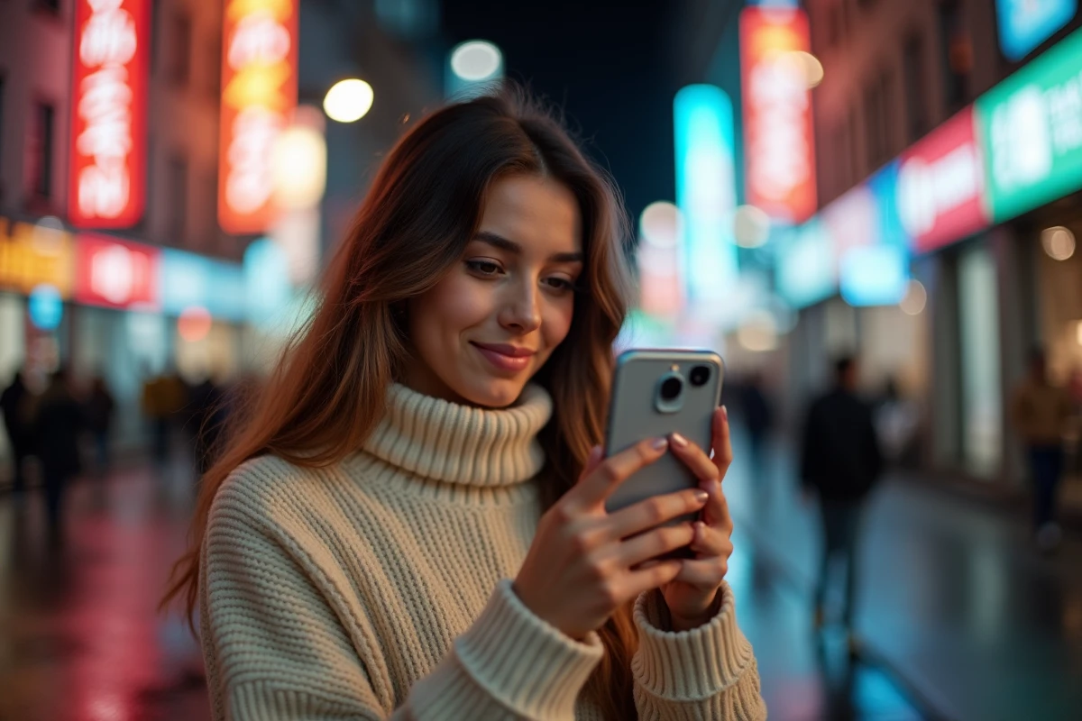 Jeune femme filmant une vidéo TikTok avec un iPhone la nuit en ville, néons colorés en arrière-plan