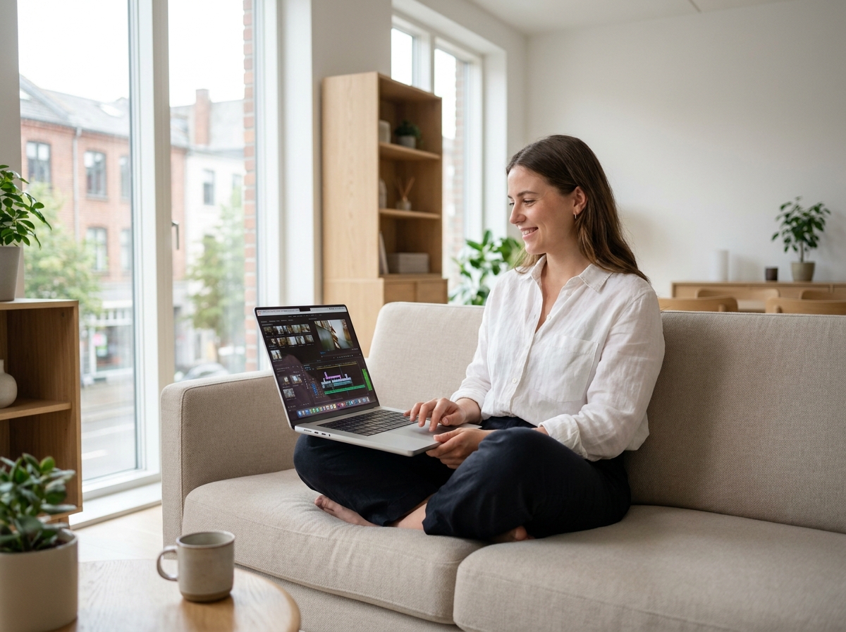 Jeune femme utilisant un laptop équipé d'un processeur i5 performant pour le montage vidéo dans un salon moderne scandinave, graphiques de performance CPU visibles à l'écran