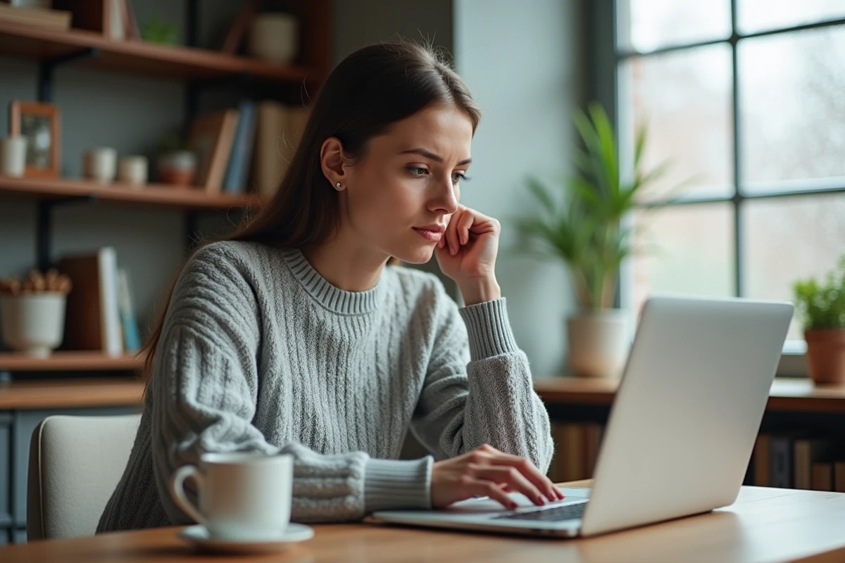 Femme concentrée lisant ses emails sur un ordinateur portable dans un bureau à domicile, illustrant la gestion du courrier électronique PIX pour débutants
