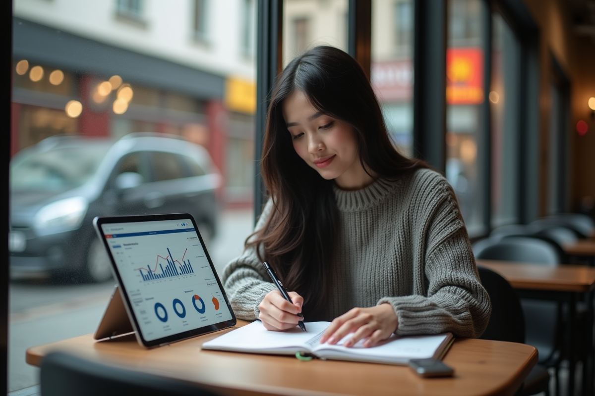 Jeune femme prenant des notes avec un graphique sur tablette au café