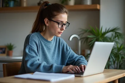Femme concentrée sur son ordinateur dans une cuisine chaleureuse