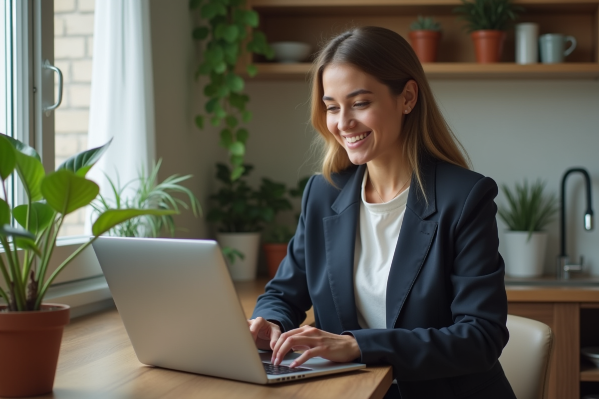 Jeune femme en visioconference dans un espace cosy