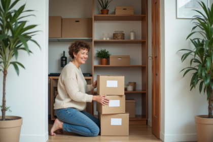 Femme organisée dans un placard moderne avec boîtes étiquetées