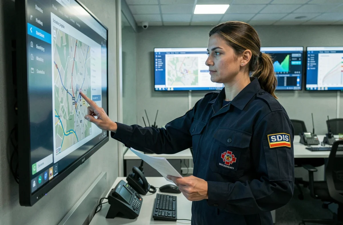 Femme sapeur-pompier consultant le système Artemis sur un écran tactile dans un centre de coordination du SDIS 61