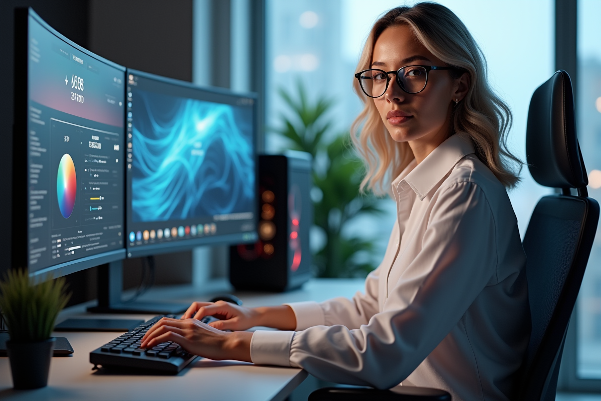 Femme professionnelle utilise un grand écran 4K en workspace hightech