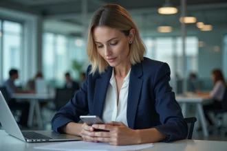 Professionnelle utilisant une messagerie sécurisée Tchap sur smartphone dans un bureau moderne