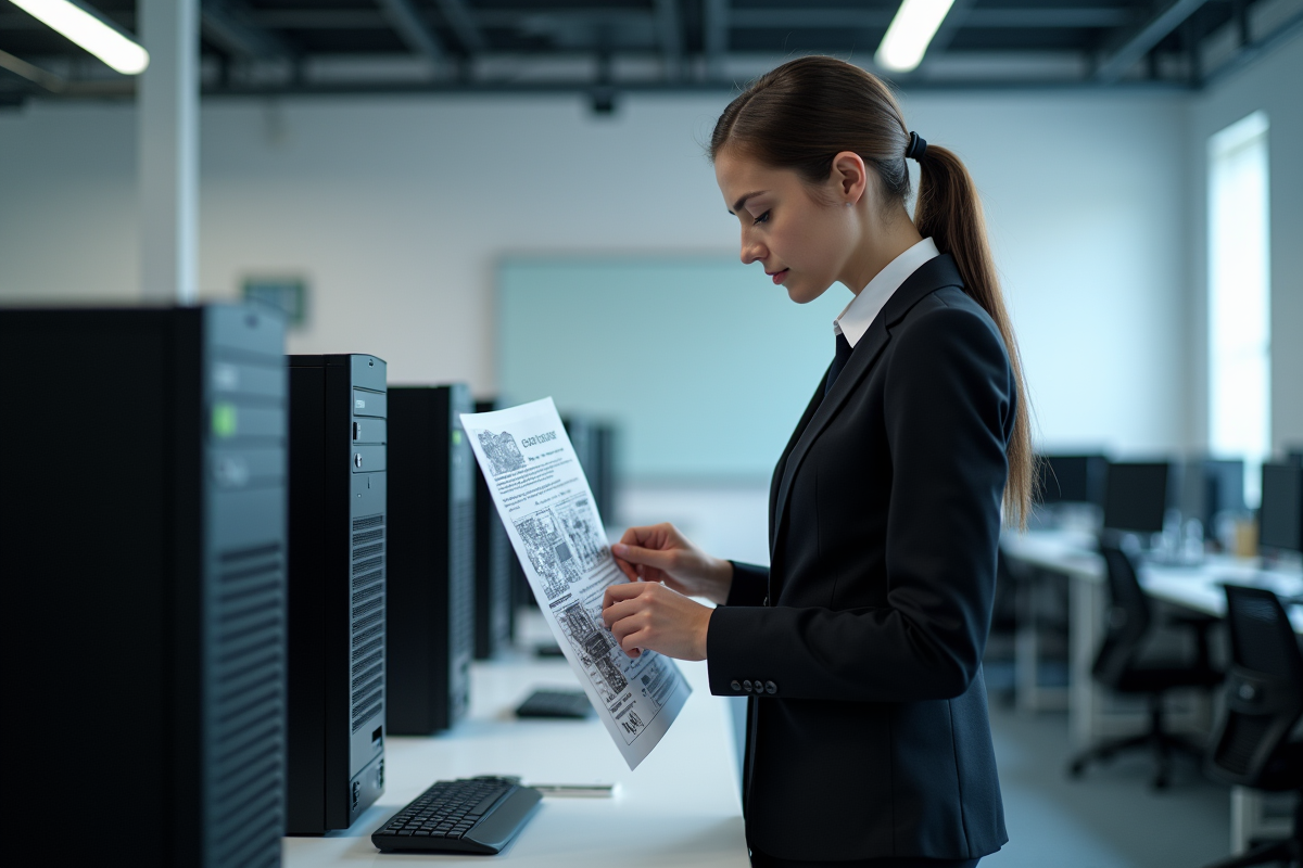 Jeune femme en tenue professionnelle configurant un PC