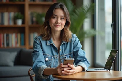 Femme en denim tenant un smartphone dans un appartement cosy
