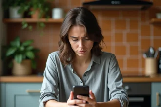 Femme frustrée regardant son smartphone avec une application de messagerie ouverte, cherchant à contrôler ses notifications WhatsApp