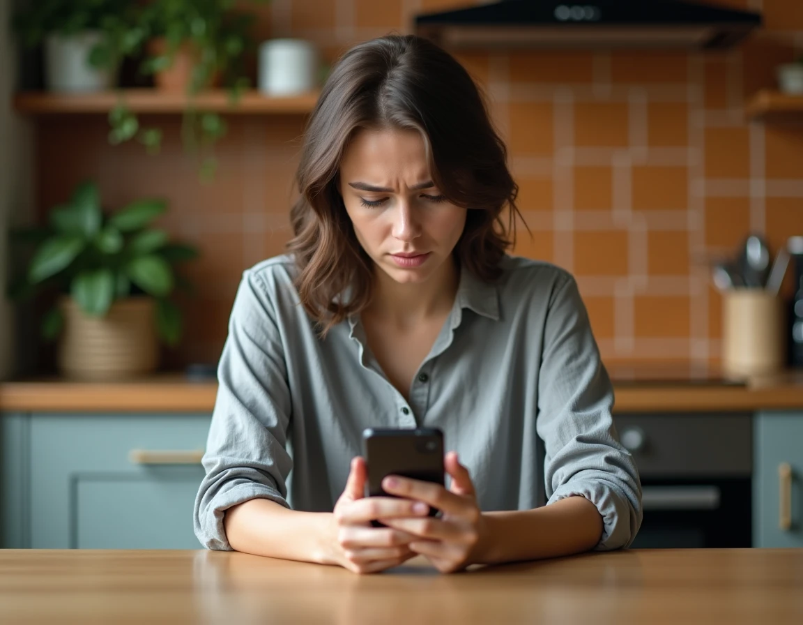 Femme frustrée regardant son smartphone avec une application de messagerie ouverte, cherchant à contrôler ses notifications WhatsApp