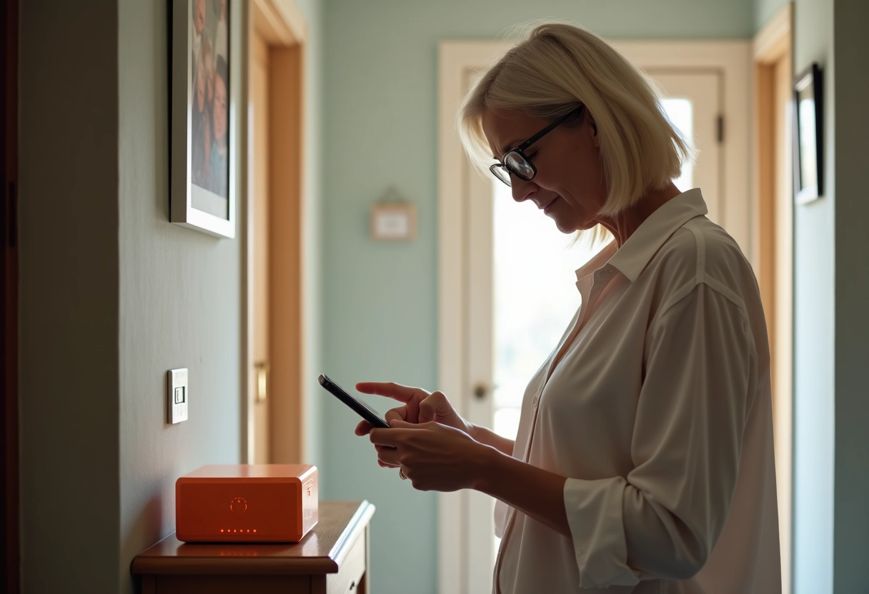 Femme vérifiant une box wifi avec indicateur clignotant