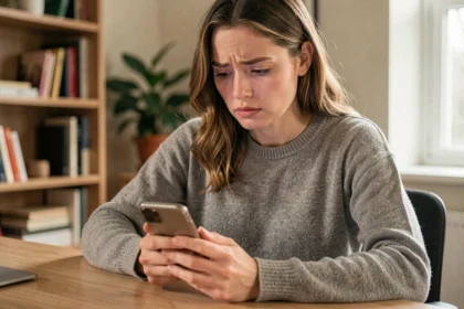 Femme consultant son smartphone pour supprimer un ancien sondage sur Messenger et nettoyer ses conversations
