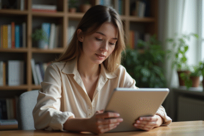 Jeune femme testant des palettes de couleurs sur une tablette dans un bureau moderne